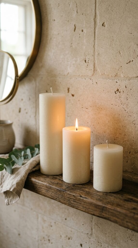 Three ivory pillar candles grouped on a wooden ledge in a styled bathroom