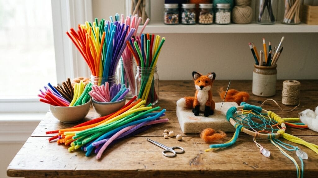 Colorful craft stems arranged beside handmade classroom art projects.