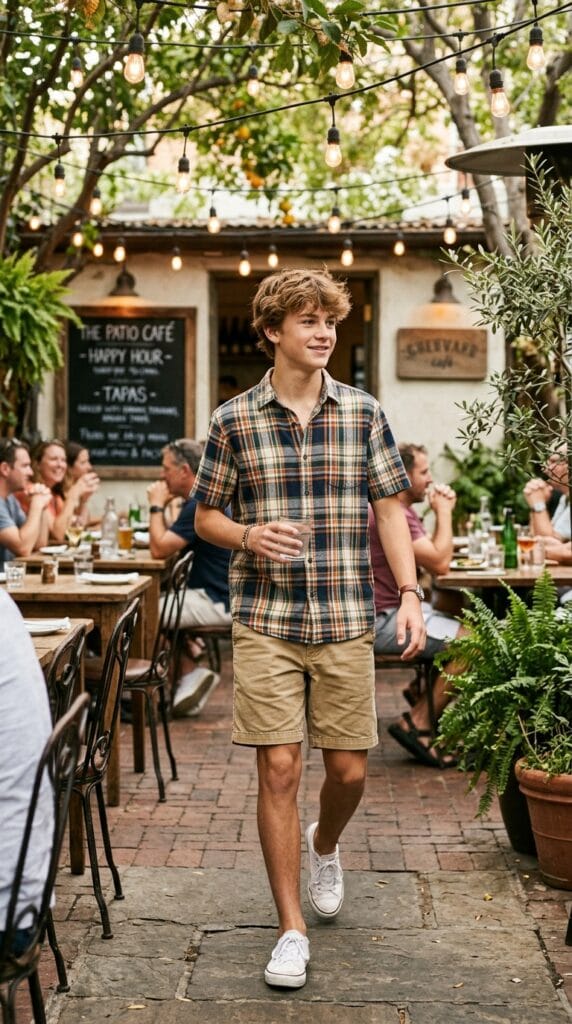 11 Teen Boy Summer Outfits That Are Cool, Casual, and Easy to Wear 10 Teen boy wearing plaid short-sleeve shirt with khaki shorts in a casual summer outdoor setting.