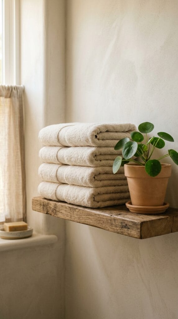 Neatly folded cream plush towels stacked on a light wooden bathroom shelf