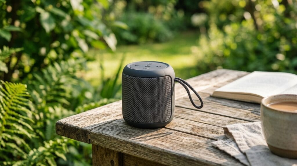 Cool Father's Day Gifts Going Viral Right Now 11 Portable bluetooth speaker on an outdoor wooden table with afternoon light and foliage