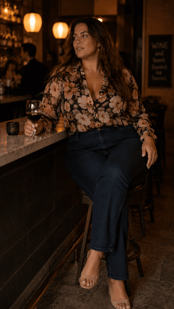 Casual Night Out Outfits for Plus Size Women That Actually Work 5 Plus size woman in floral chiffon blouse and dark jeans at warm-lit wine bar
