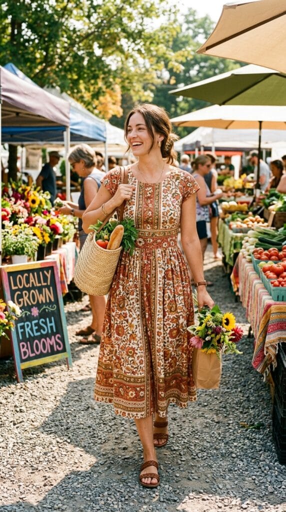 15 Cotton Summer Dresses That Keep You Cool All Day Long 11 Woman wearing a printed cotton lawn fit-and-flare midi dress with cap sleeves at a summer market.