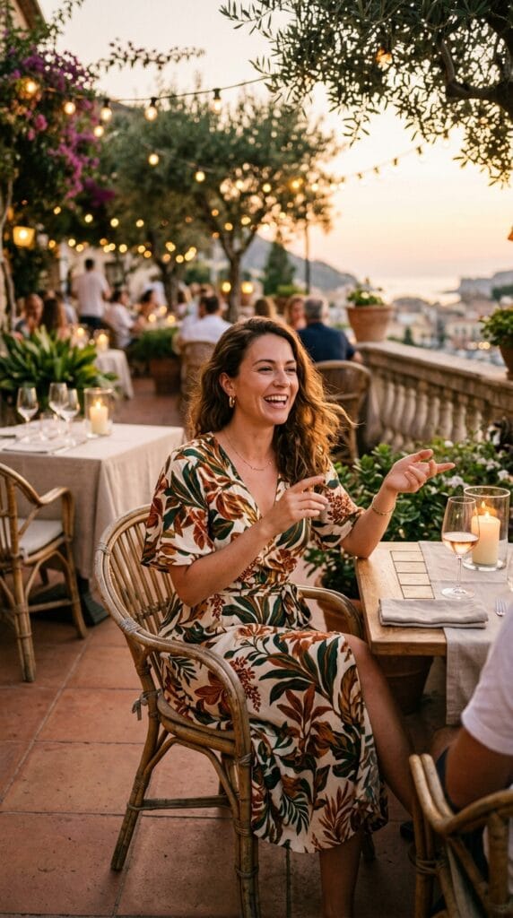 10 Summer Vacation Dresses Packing Guide For Her 11 Woman in botanical print rayon wrap dress at open-air restaurant, golden hour.