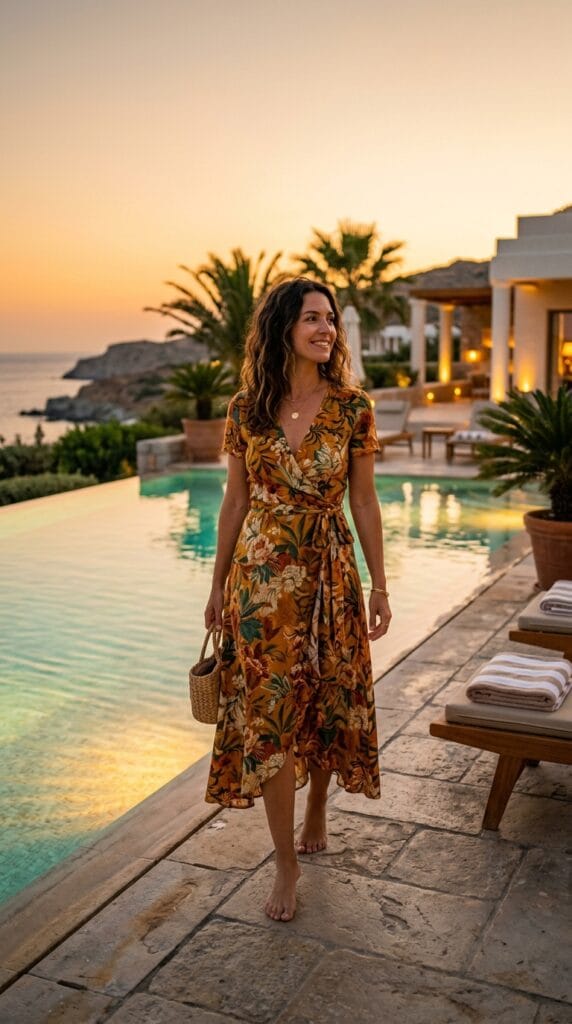 18 Summer Vacation Dresses That Pack Light & Look Amazing 7 Woman wearing printed crepe wrap dress at resort pool terrace in early evening light