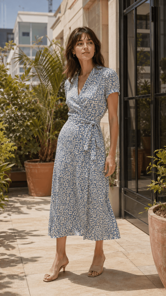 Printed cotton wrap midi dress styled as a complete summer work outfit