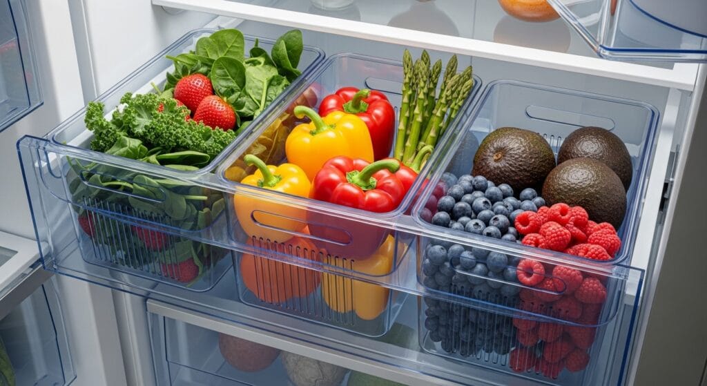 Refrigerator Organization Ideas for a Cleaner Fridge 6 Refrigerator produce containers holding fresh vegetables and fruits in an organized drawer.