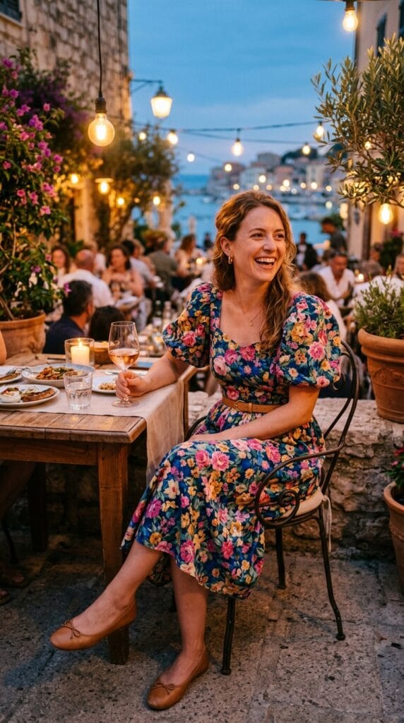 18 Summer Vacation Dresses That Pack Light & Look Amazing 19 Woman wearing puff sleeve floral cotton midi dress at outdoor restaurant terrace at dusk