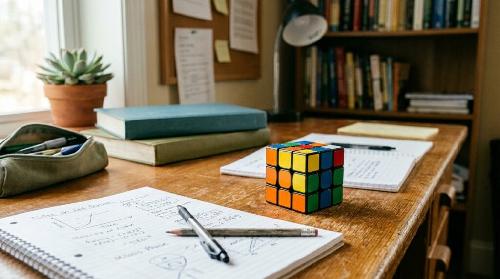 Colorful puzzle cube resting on desk beside school notebooks.