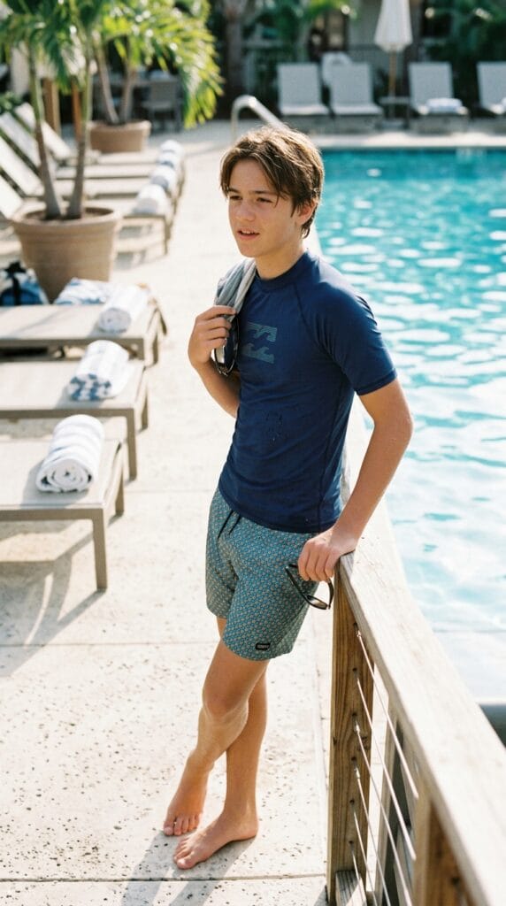 11 Teen Boy Summer Outfits That Are Cool, Casual, and Easy to Wear 11 Teen boy wearing rash guard with quick-dry swim trunks in a casual summer outdoor setting.