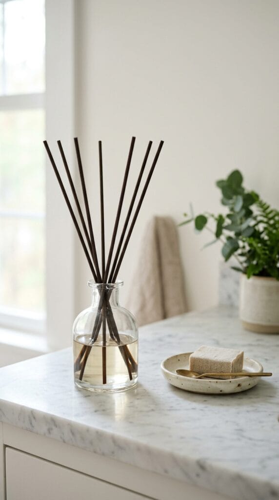 Glass reed diffuser with dark reeds styled on a white marble bathroom countertop