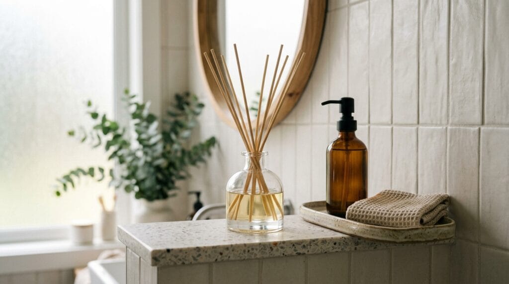 Modern Small Bathroom Ideas: Sleek, Functional and Gorgeous 13 Glass reed diffuser set displayed on a styled modern bathroom shelf with accessories