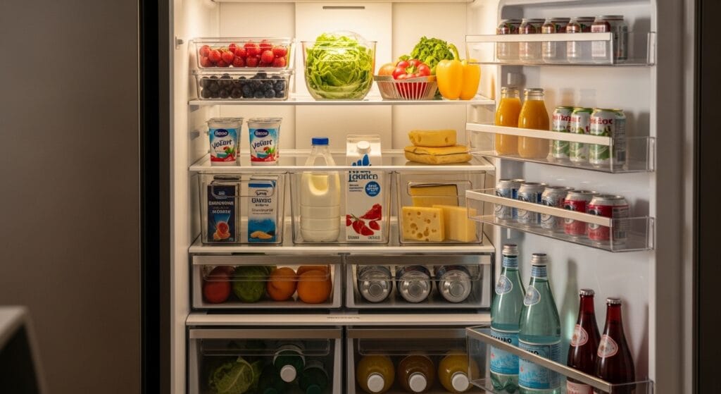 Kitchen and Pantry Organization: The Full Room Guide 6 Open refrigerator with clear stackable bins organizing produce, dairy, and beverages by category inside.