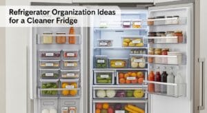 Open refrigerator showing neatly arranged clear bins, labeled containers, and organized shelves with fresh food.