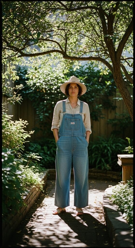 9 Denim Overalls Outfit Ideas Women Are Actually Wearing 7 Relaxed wide-leg overalls with a linen shirt and flat sandals, comfortable summer denim outfit.