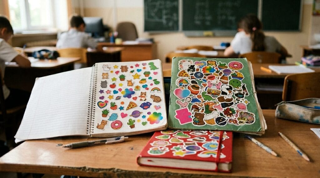 Assorted colorful stickers displayed across notebooks, folders, and papers.