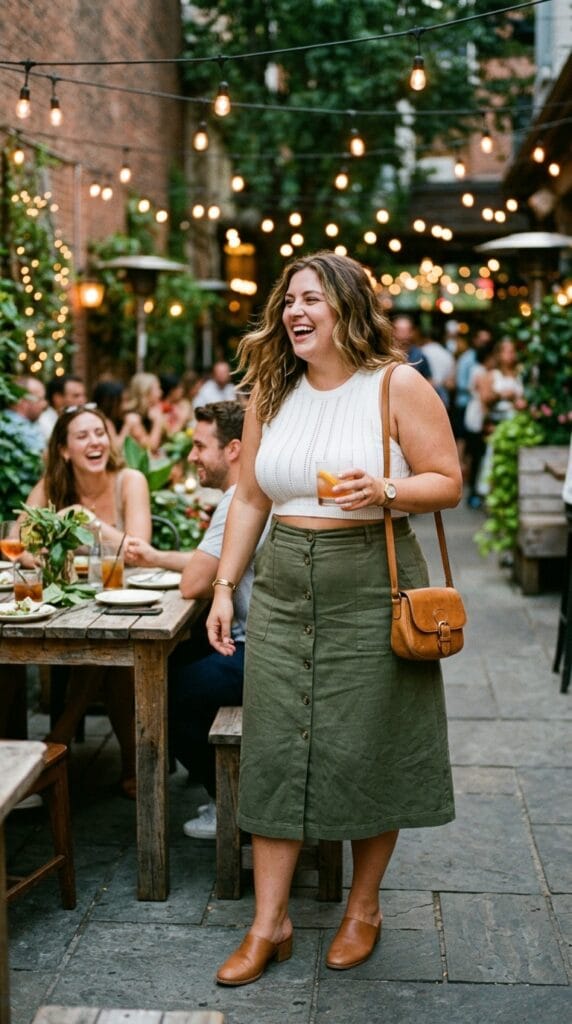 Casual Night Out Outfits for Plus Size Women That Actually Work 8 Plus size woman in ribbed crop top and midi skirt at outdoor summer evening bar