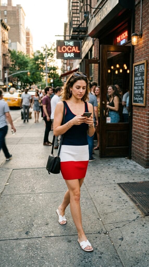Woman in red white and navy colorblock ribbed tank dress walking to a world cup watch party.