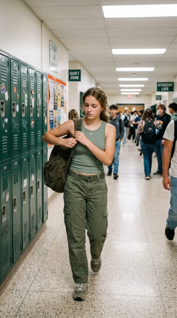 Teen girl in ribbed tank top and cargo pants standing in school hallway