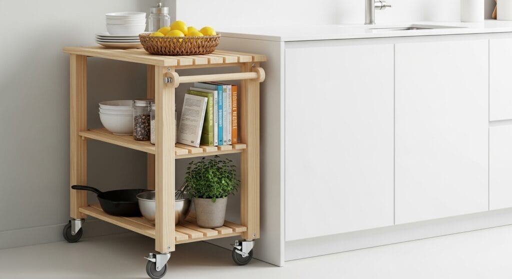 Small Kitchen Layout Ideas: The Best Configurations for Tiny Spaces 4 Wooden rolling kitchen cart with open shelves positioned beside a white compact kitchen counter.