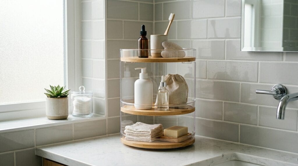 Budget Friendly Bathroom Organization: Full Reset Under $40 6 Rotating organizer displaying bathroom products neatly within countertop corner