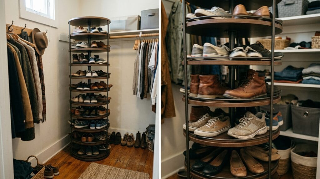 15 Shoe Storage Ideas for Small Spaces (Every Room) 13 Tall rotating shoe tower holding multiple pairs of shoes in a small closet