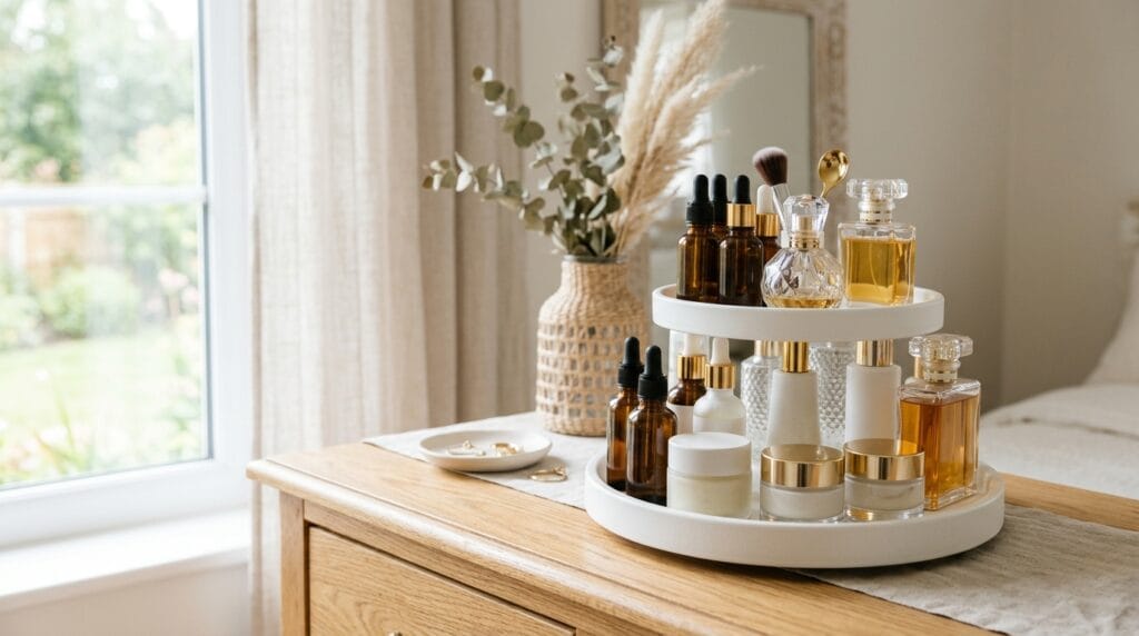 White rotating surface organizer on a dresser holding skincare bottles and small perfume jars