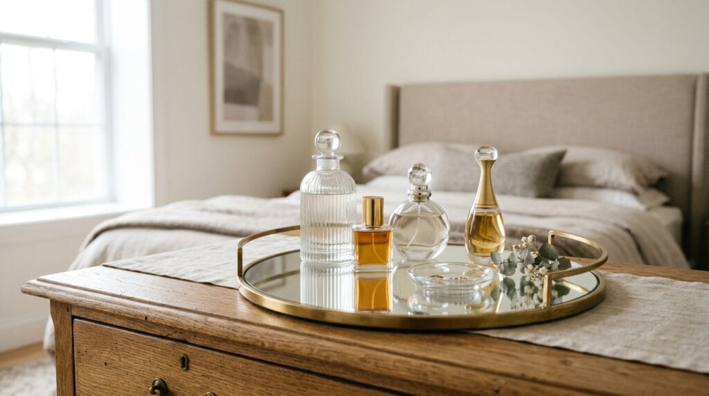 17 Chic Perfume Tray Ideas for a Luxurious Vanity Setup 8 Round mirrored tray with gold edge displaying perfume bottles on a bedroom dresser surface.