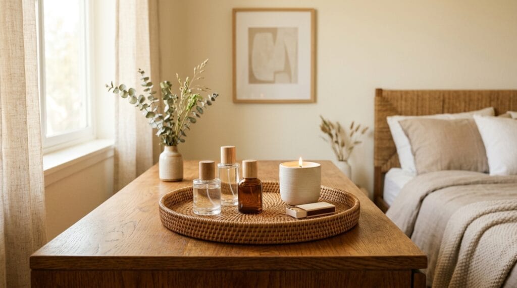 17 Chic Perfume Tray Ideas for a Luxurious Vanity Setup 5 Round rattan tray with woven texture styled with perfume bottles on a bedroom dresser.