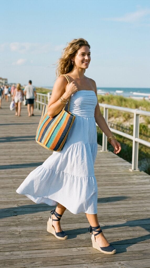 18 Summer Vacation Dresses That Pack Light & Look Amazing 17 Woman in pale blue white seersucker ruched bandeau midi dress on beach boardwalk afternoon