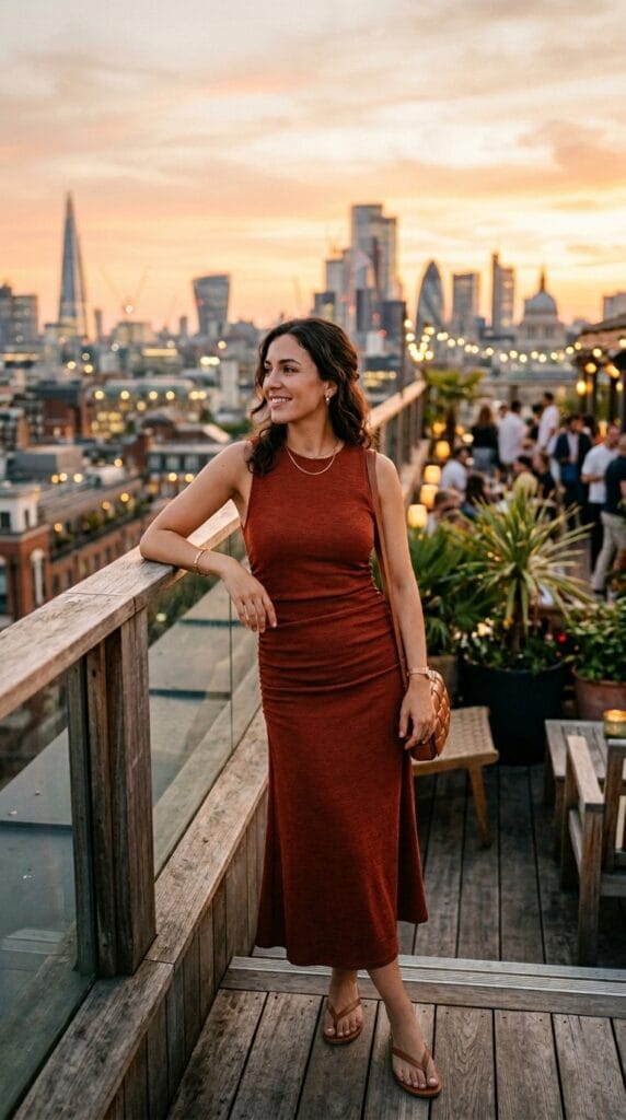 10 Summer Vacation Dresses Packing Guide For Her 10 Woman in sleeveless ruched rust knit midi dress at rooftop bar, warm evening.