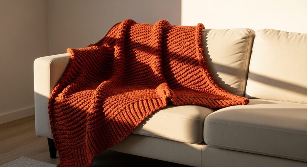 Rust orange chunky knit throw blanket draped over a cream sofa in warm light.