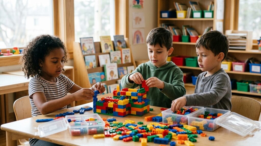 Students building colorful geometric structures together during an indoor learning activity.