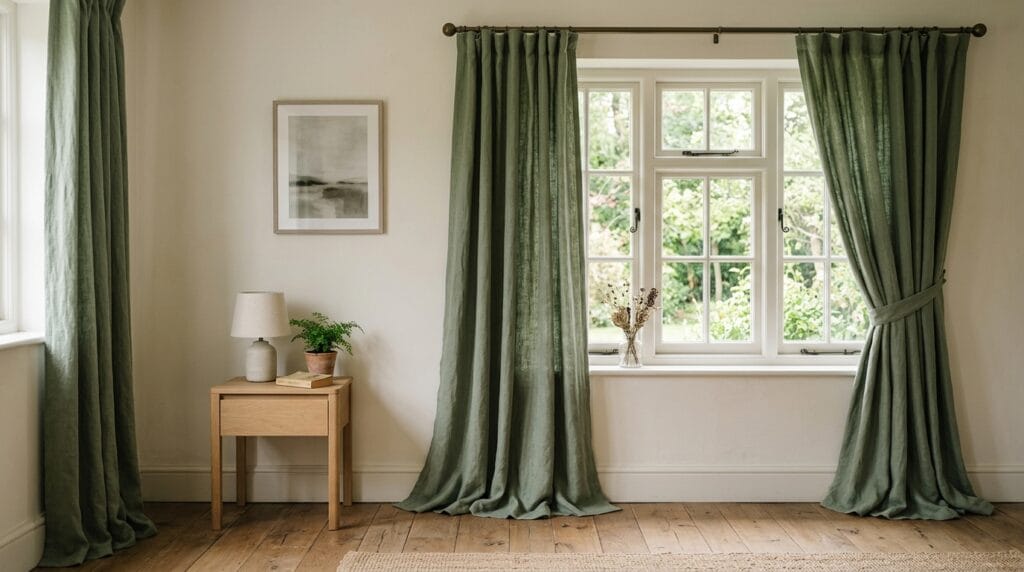 Sage green bedroom decor ideas: calm, fresh and timeless 3 Soft floor-length sage green curtains hanging beside a naturally lit bedroom window