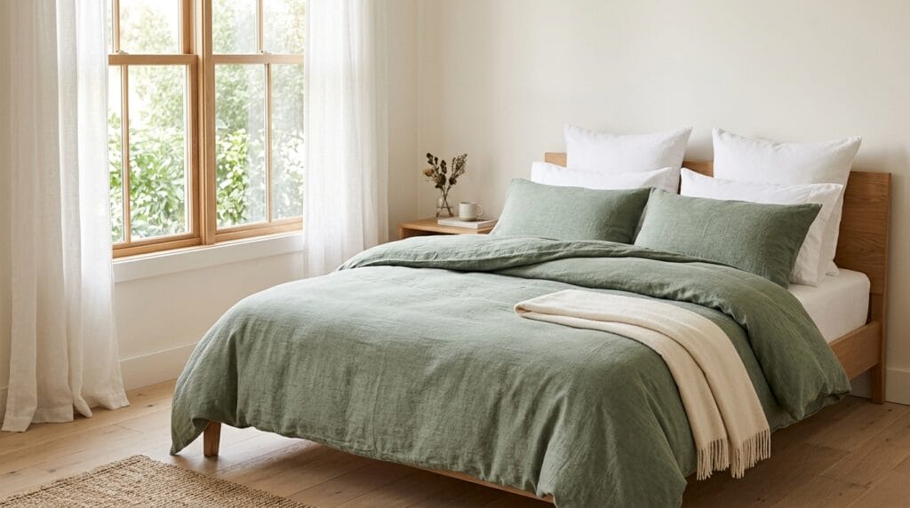 Sage green bedroom decor ideas: calm, fresh and timeless 9 Neatly made bed with a soft sage green textured duvet cover and white pillows