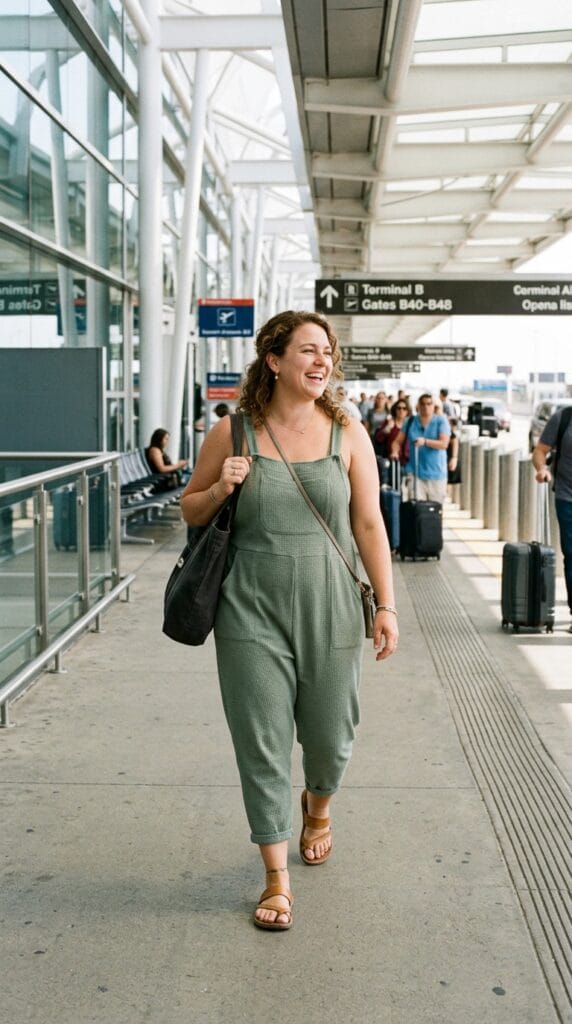 11 Plus Size Overalls Outfits for Casual Summer Days 10 Plus size woman in sage green harem overalls outfit with cropped ankle hems