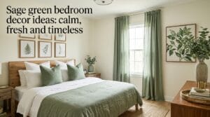Styled sage green bedroom featuring botanical art, curtains, bedding, vase, and greenery accents