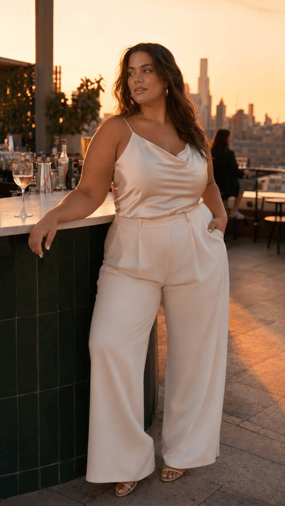 Casual Night Out Outfits for Plus Size Women That Actually Work 2 Plus size woman in satin cami and wide-leg trousers on summer evening rooftop