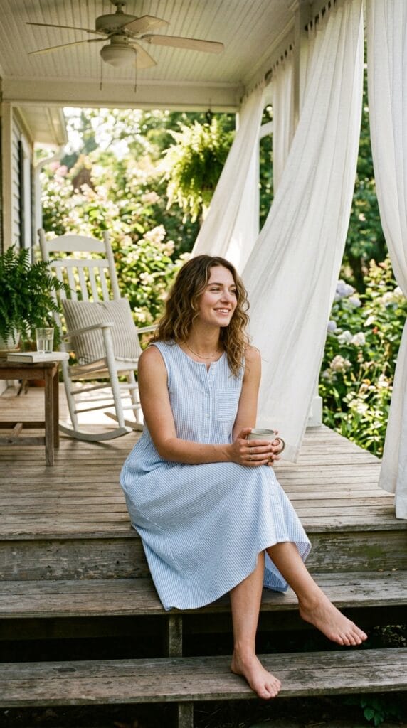 15 Cotton Summer Dresses That Keep You Cool All Day Long 10 Woman in a white seersucker sleeveless A-line midi dress with a chest pocket on a breezy porch.