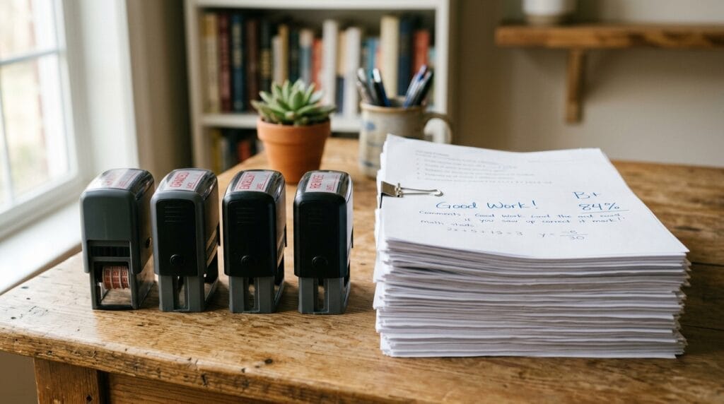 Best Back to School Gifts for Teachers That They Actually Need and Want 4 Self-inking stamps lined up neatly beside a stack of freshly graded paper sheets.