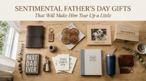 Sentimental Father's Day gifts arranged on a wooden surface in soft light