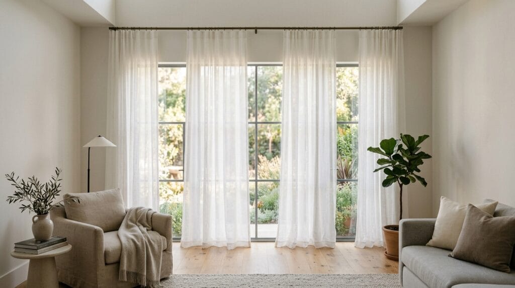 Cheap living room makeover: affordable decor finds under $30 8 Sheer white curtain panels hanging from tall rods in a softly lit living room.