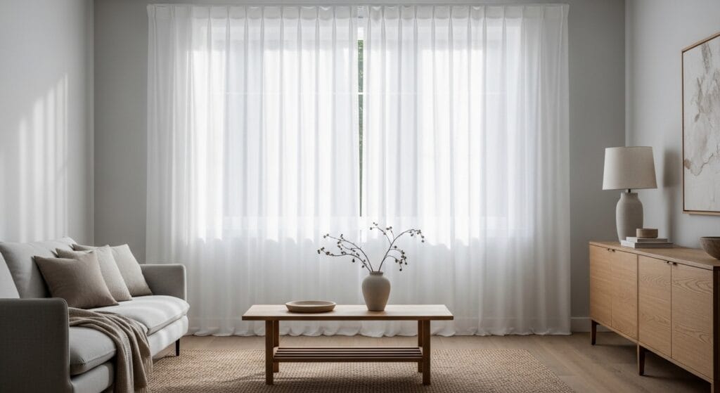 Sheer white curtain panels hung high on a sunlit living room window wall.