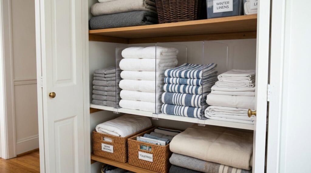 How to Organize a Small Closet With Lots of Clothes 4 Open closet shelf with metal dividers separating neatly folded sweaters and jeans