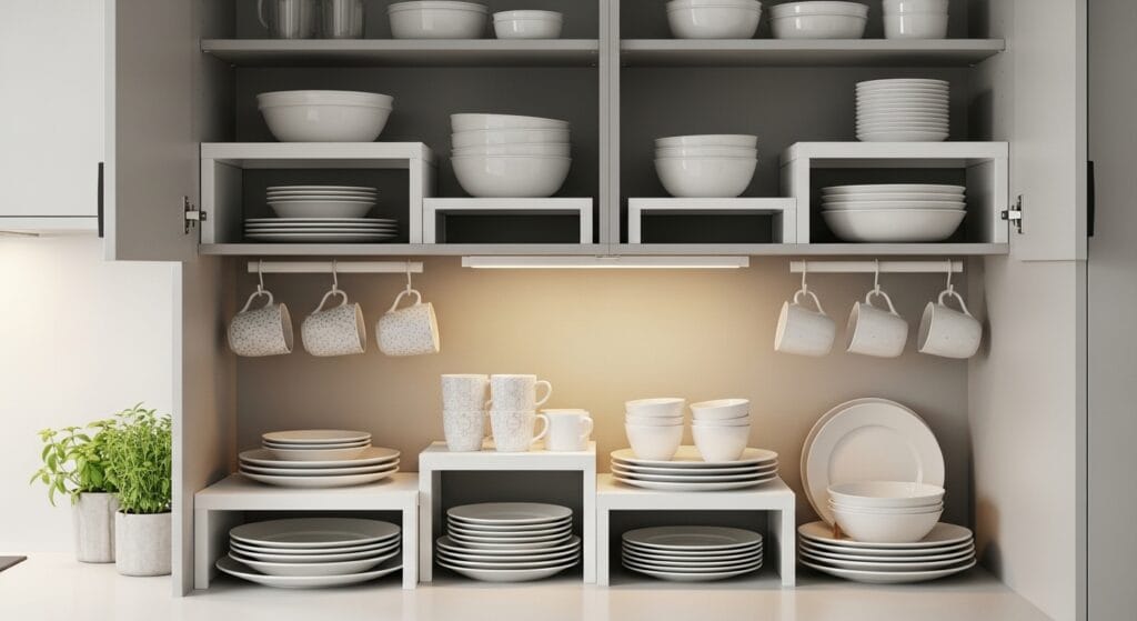 Kitchen and Pantry Organization: The Full Room Guide 4 Open kitchen cabinets with white shelf risers organizing neatly stacked plates, mugs, and bowls.