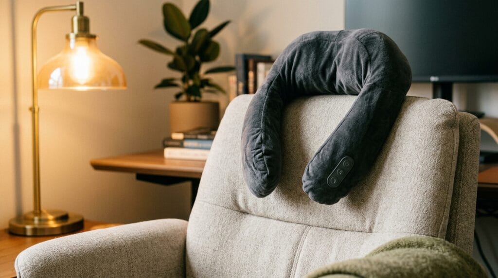 Cool Father's Day Gifts Going Viral Right Now 8 U-shaped neck massager resting on a cushioned home office chair in warm lamplight