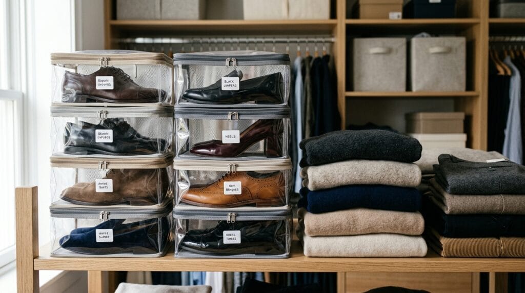 15 Shoe Storage Ideas for Small Spaces (Every Room) 15 Clear individual shoe storage bags holding dress shoes stacked neatly on a closet shelf