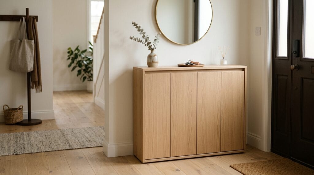 Shoe Storage and Entryway Organization: The Complete Guide 3 Slim enclosed shoe storage cabinet with closed doors in a minimal neutral entryway.