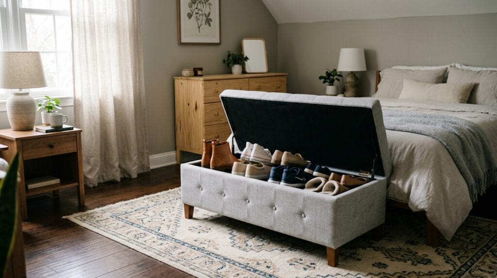 15 Shoe Storage Ideas for Small Spaces (Every Room) 10 Upholstered storage ottoman with open lid revealing neatly stored shoes inside compartment