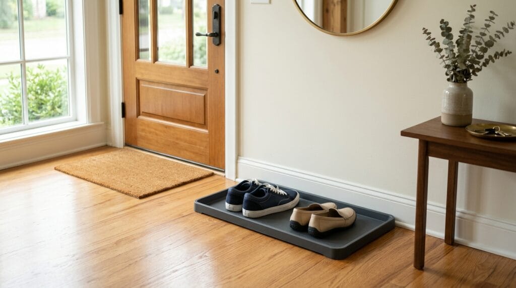 15 Shoe Storage Ideas for Small Spaces (Every Room) 14 Low-profile shoe tray organizer holding two pairs of shoes near an entryway door